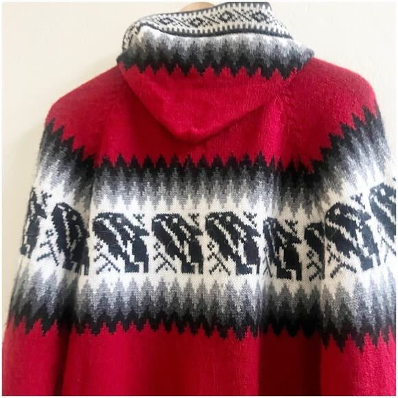 Fine Alpaca Zip Up Hooded Sweater Fair Isle Print Red Multi Size Medium Nordic - Picture 9 of 10